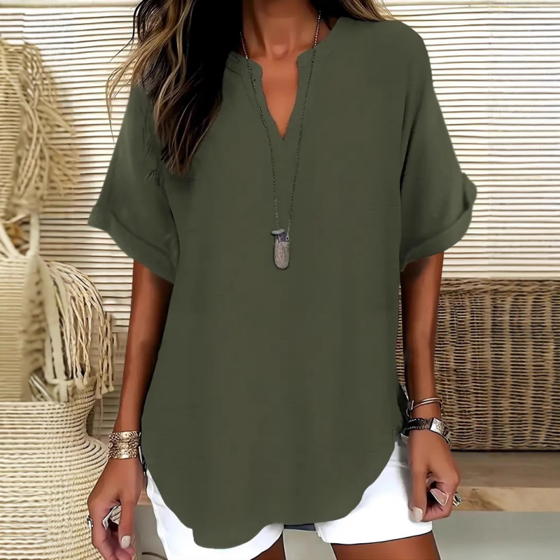 👚60 % DE RÉDUCTION ! 🔥Top ample à manches courtes tendance – Col en V cranté, ourlet asymétrique et tissu léger (5 couleurs, tailles S à 2XL) 🌸