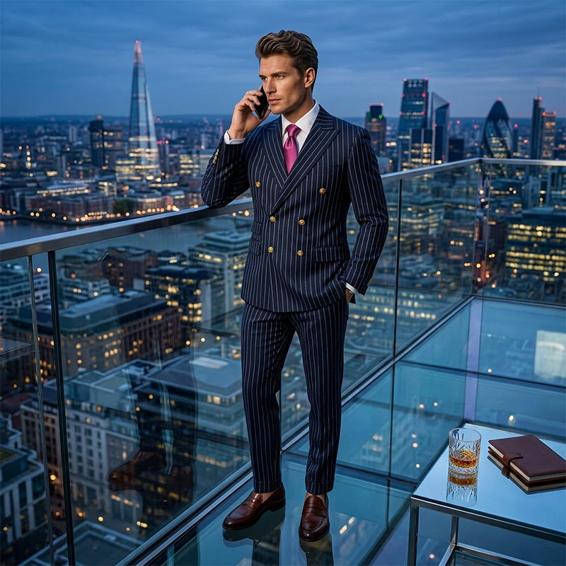 🔥Offre à durée limitée - Ensemble costume à double boutonnage à fines rayures pour homme