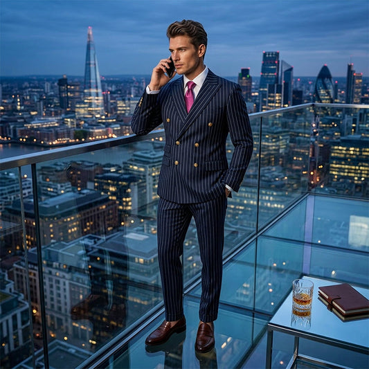 🔥Offre à durée limitée - Ensemble costume à double boutonnage à fines rayures pour homme