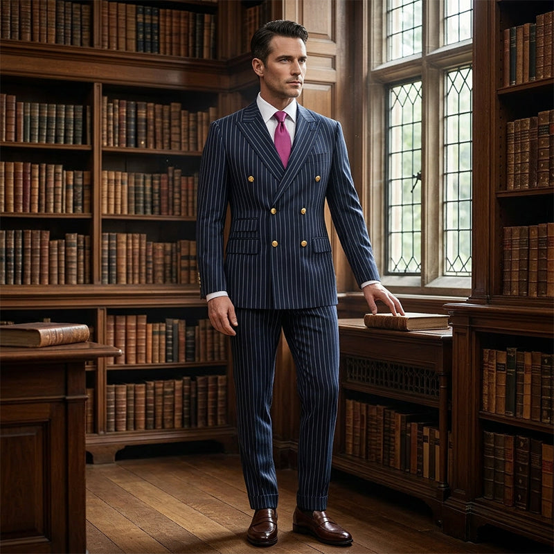 🔥Offre à durée limitée - Ensemble costume à double boutonnage à fines rayures pour homme