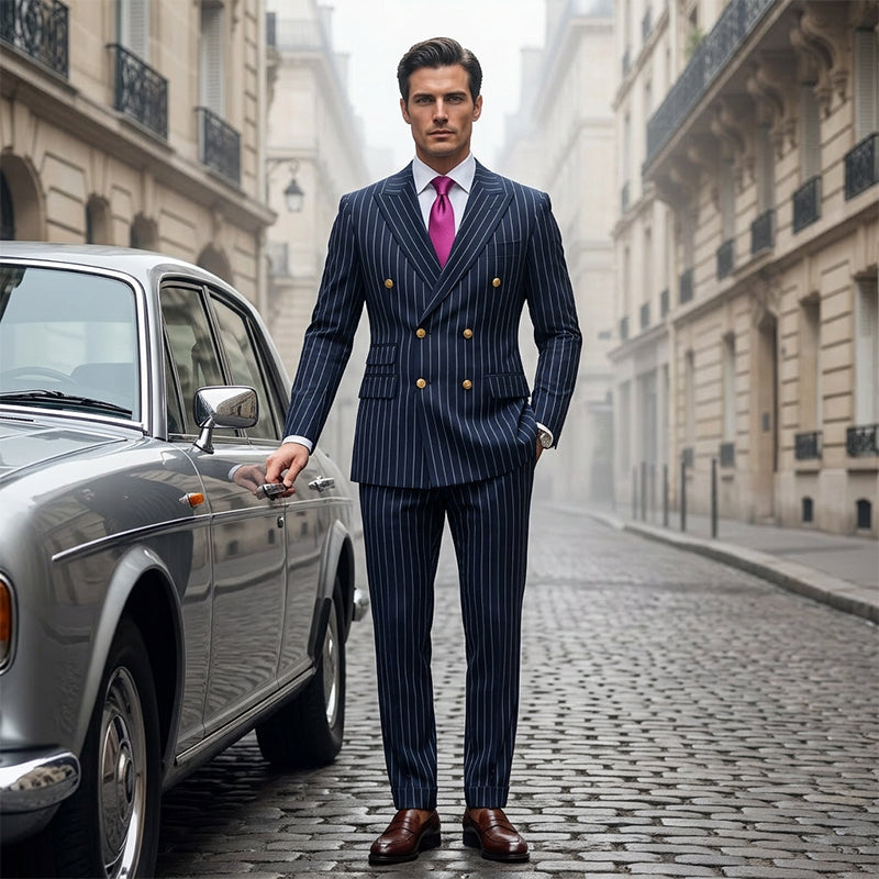 🔥Offre à durée limitée - Ensemble costume à double boutonnage à fines rayures pour homme