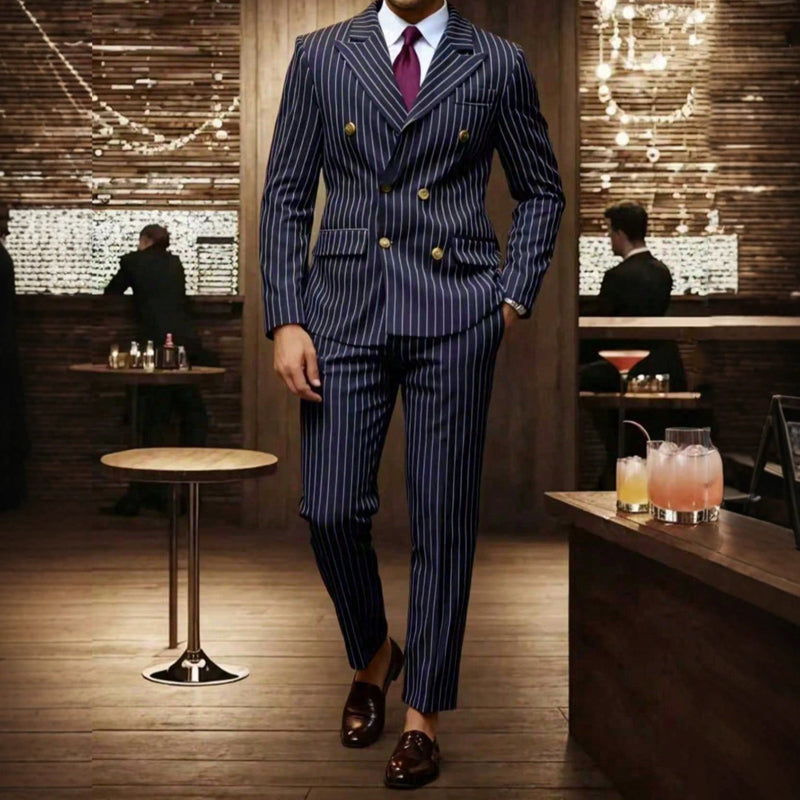 🔥Offre à durée limitée - Ensemble costume à double boutonnage à fines rayures pour homme