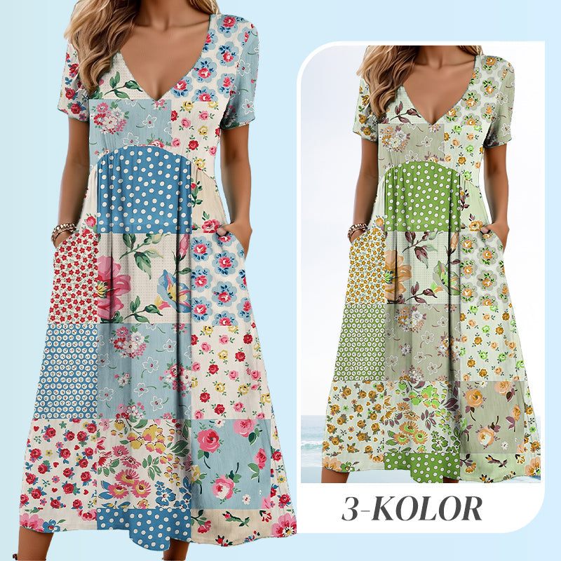 🥳VENTE FLASH 2026🥳💞Plus de 50 000 vendus !💙63 % de réduction ! Robe à manches courtes et col V à motifs pour femme – Tissu doux, coupe flatteuse et ajustée, un indispensable du quotidien décontracté🌿✅