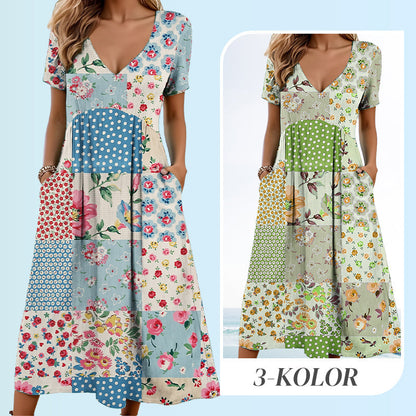 🥳VENTE FLASH 2026🥳💞Plus de 50 000 vendus !💙63 % de réduction ! Robe à manches courtes et col V à motifs pour femme – Tissu doux, coupe flatteuse et ajustée, un indispensable du quotidien décontracté🌿✅