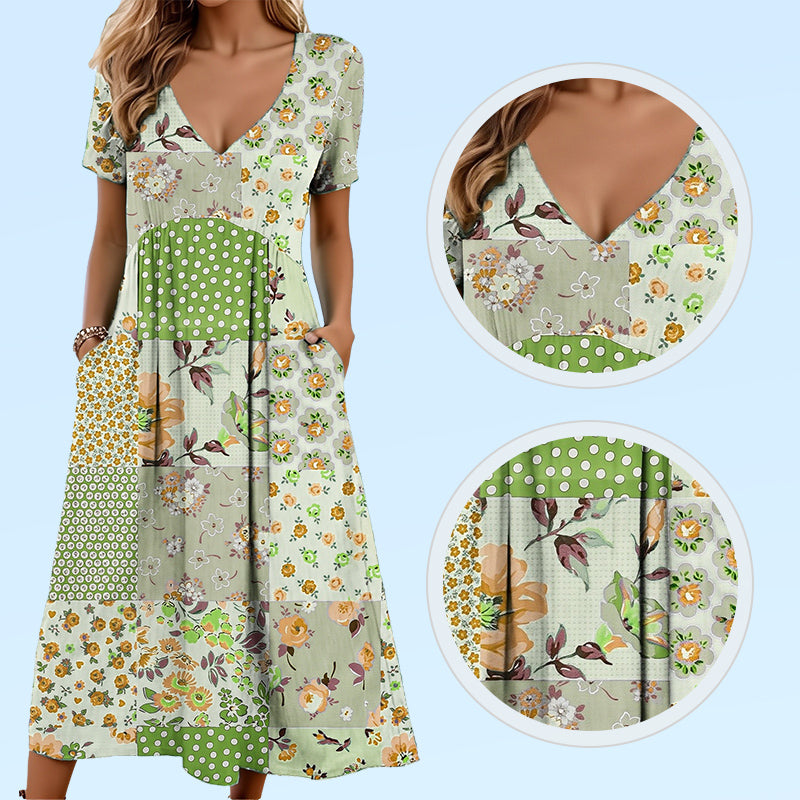 🥳VENTE FLASH 2026🥳💞Plus de 50 000 vendus !💙63 % de réduction ! Robe à manches courtes et col V à motifs pour femme – Tissu doux, coupe flatteuse et ajustée, un indispensable du quotidien décontracté🌿✅