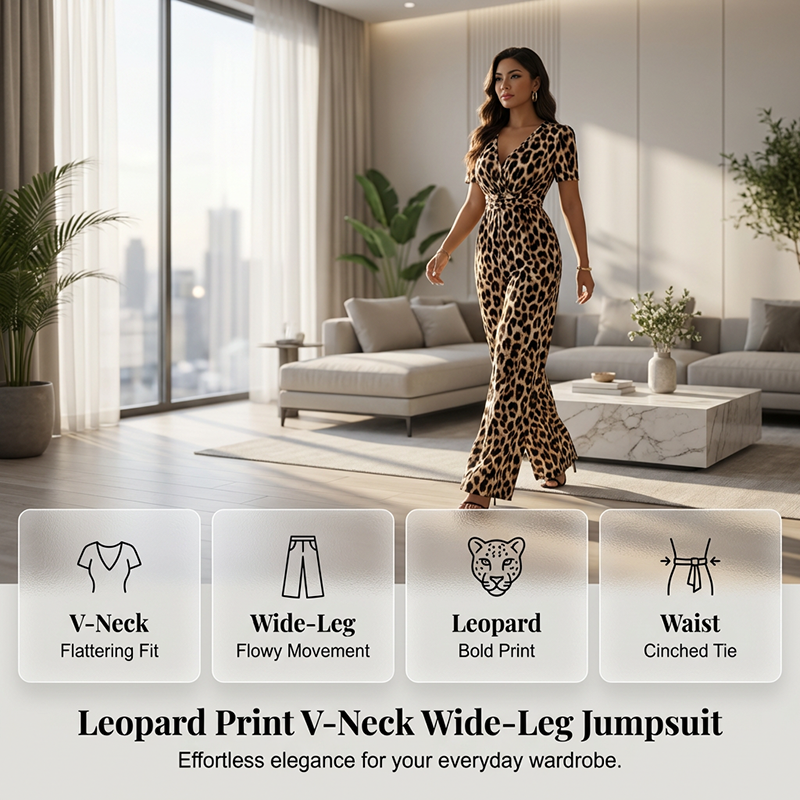 🎁Nouveauté : 50 % de réduction 💥 Combinaison à col en V et jambes larges, imprimé léopard