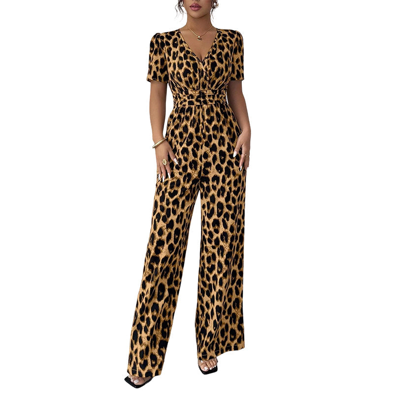 🎁Nouveauté : 50 % de réduction 💥 Combinaison à col en V et jambes larges, imprimé léopard