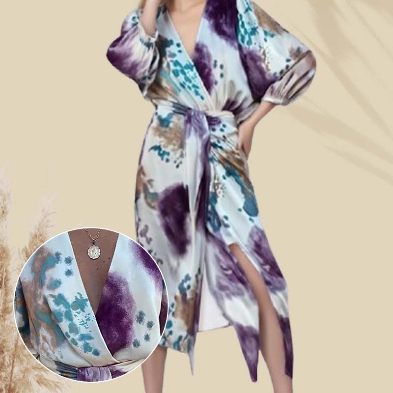 🔥SOLDES 50 % DE RÉDUCTION ✨ Ensemble élégant pour femme composé d'une robe portefeuille et d'un haut, imprimé aquarelle