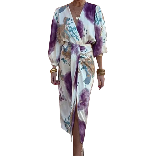 🔥SOLDES 50 % DE RÉDUCTION ✨ Ensemble élégant pour femme composé d'une robe portefeuille et d'un haut, imprimé aquarelle