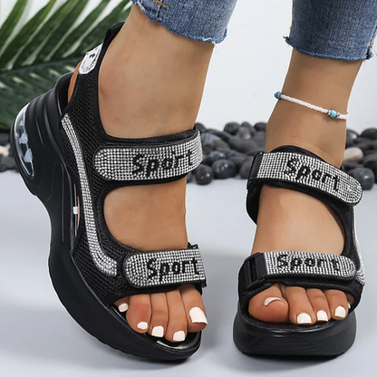 🔥Dernière promotion - 50 % de réduction - Sandales orthopédiques tendance pour femmes à semelle compensée ornées de strass