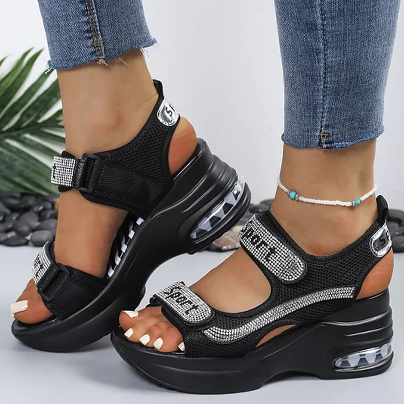 🔥Dernière promotion - 50 % de réduction - Sandales orthopédiques tendance pour femmes à semelle compensée ornées de strass
