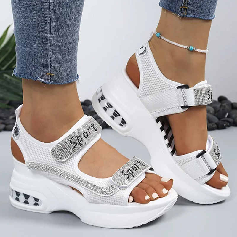 🔥Dernière promotion - 50 % de réduction - Sandales orthopédiques tendance pour femmes à semelle compensée ornées de strass