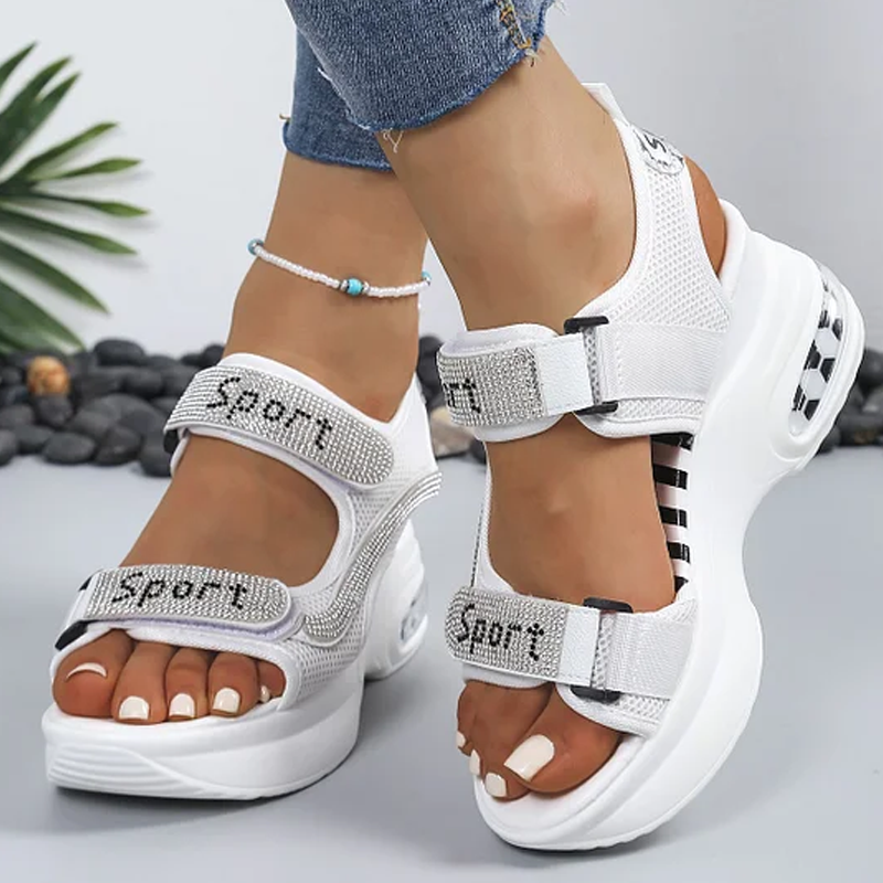 🔥Dernière promotion - 50 % de réduction - Sandales orthopédiques tendance pour femmes à semelle compensée ornées de strass