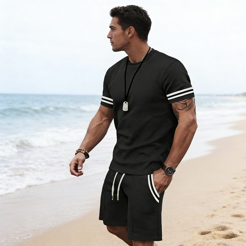 ✨ 55 % de réduction🔥 Ensemble 2 pièces pour homme : t-shirt rayé et short