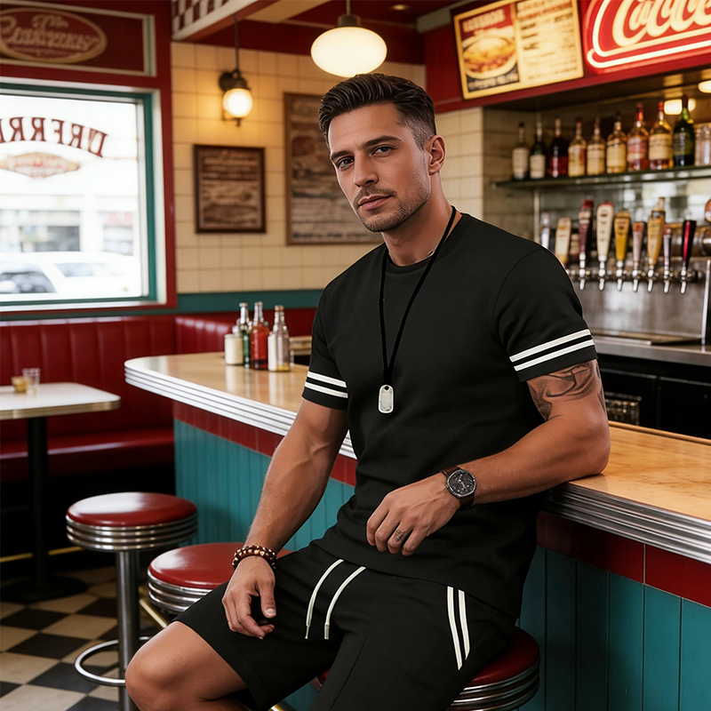✨ 55 % de réduction🔥 Ensemble 2 pièces pour homme : t-shirt rayé et short