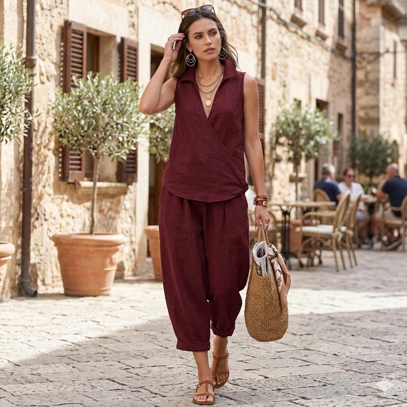 Ensemble composé d'un chemisier sans manches croisé et d'un pantalon à jambes larges