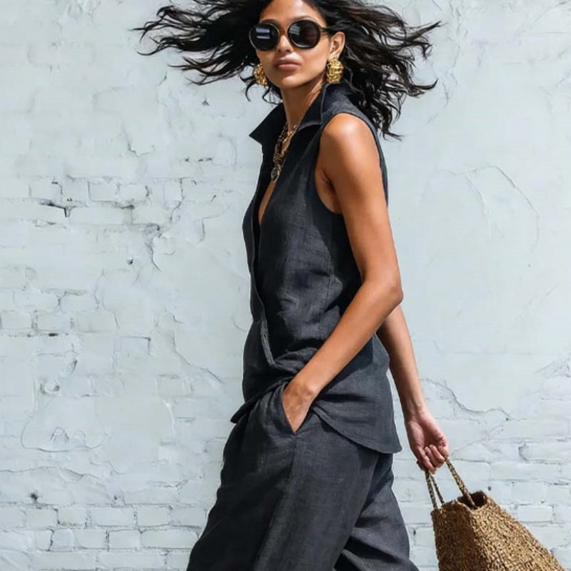 Ensemble composé d'un chemisier sans manches croisé et d'un pantalon à jambes larges