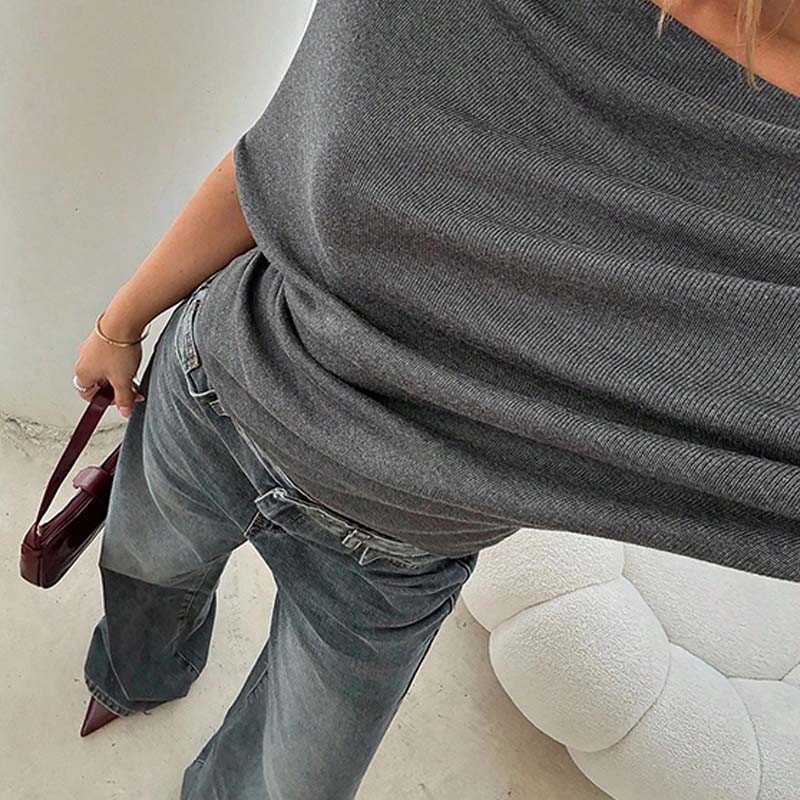 🌺50 % de réduction👚✨Haut asymétrique à épaules dénudées et manches chauve-souris pour femme💞