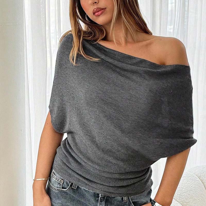 🌺50 % de réduction👚✨Haut asymétrique à épaules dénudées et manches chauve-souris pour femme💞