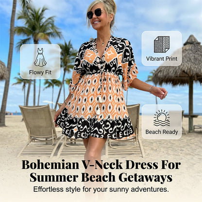 🌸SOLDES : -49 % 🌸 Robe décontractée bohème fluide à col en V pour femme