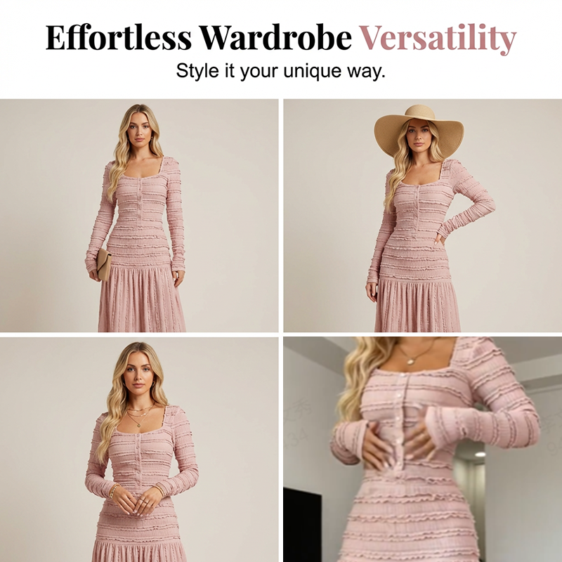 💎 50 % DE RÉDUCTION SUR LA ROBE LONGUE À MOTIFS FLORAUX ! 💎 Encolure carrée, corsage froncé et bordure à volants pour un look chic et décontracté ✨