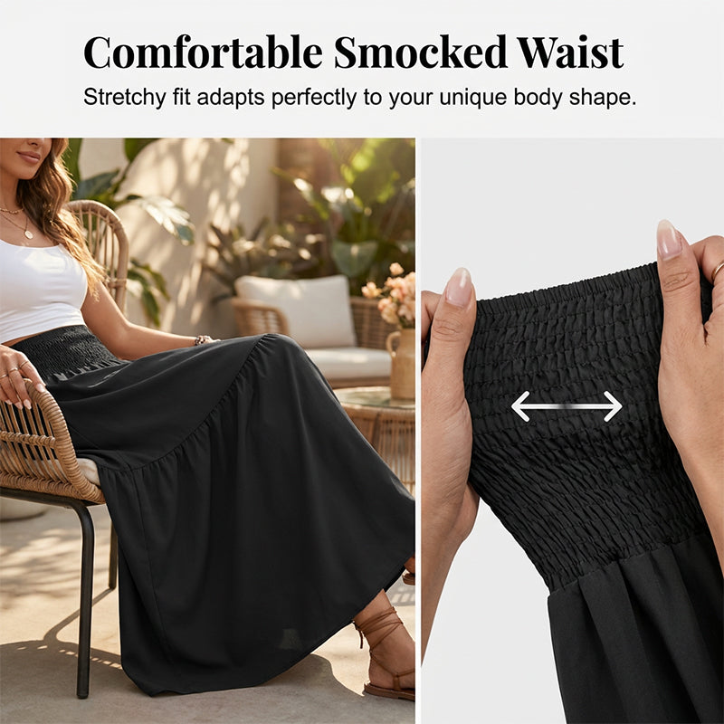 🕶 Jupe longue discrète à taille haute et coupe évasée smockée pour femmes – une jupe longue et vaporeuse qui se marie parfaitement avec le hijab et la mode islamique de tous les jours
