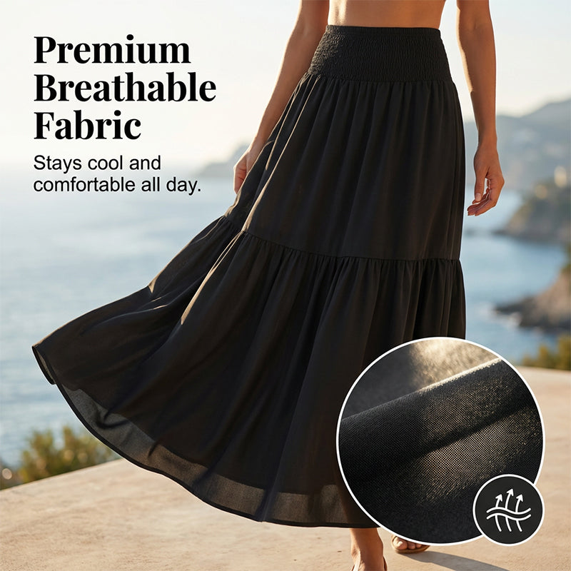 🕶 Jupe longue discrète à taille haute et coupe évasée smockée pour femmes – une jupe longue et vaporeuse qui se marie parfaitement avec le hijab et la mode islamique de tous les jours