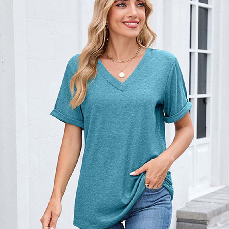 T-shirt décontracté à manches courtes et col en V pour femme
