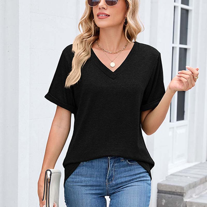 T-shirt décontracté à manches courtes et col en V pour femme