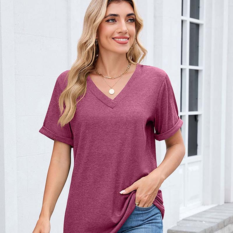 T-shirt décontracté à manches courtes et col en V pour femme