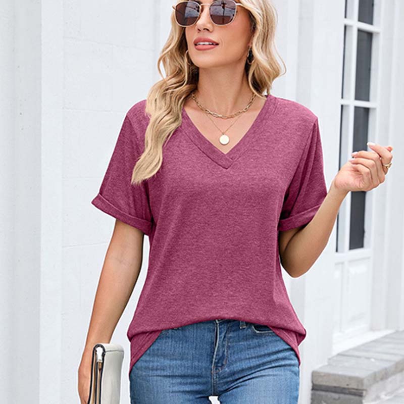 T-shirt décontracté à manches courtes et col en V pour femme