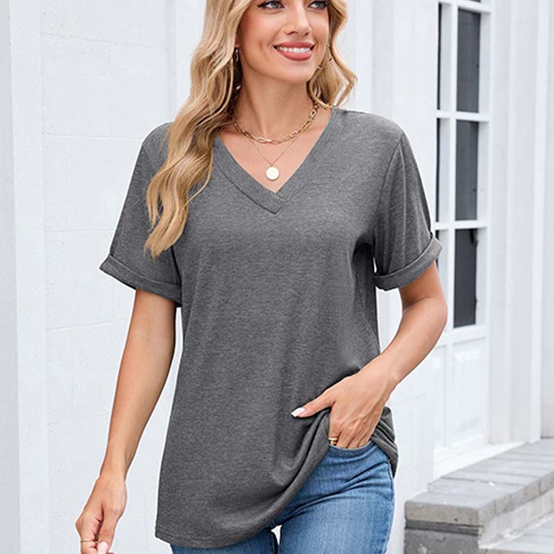T-shirt décontracté à manches courtes et col en V pour femme