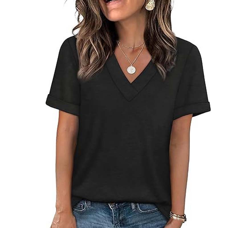 T-shirt décontracté à manches courtes et col en V pour femme