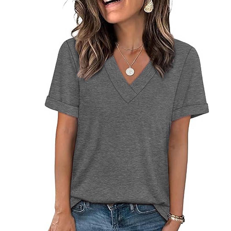 T-shirt décontracté à manches courtes et col en V pour femme