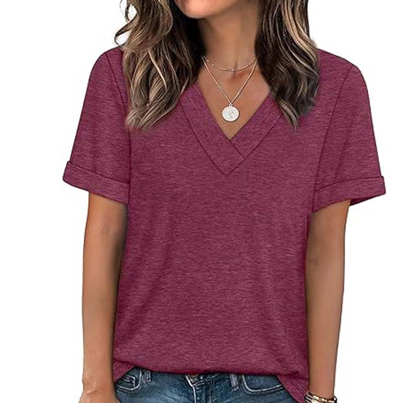T-shirt décontracté à manches courtes et col en V pour femme