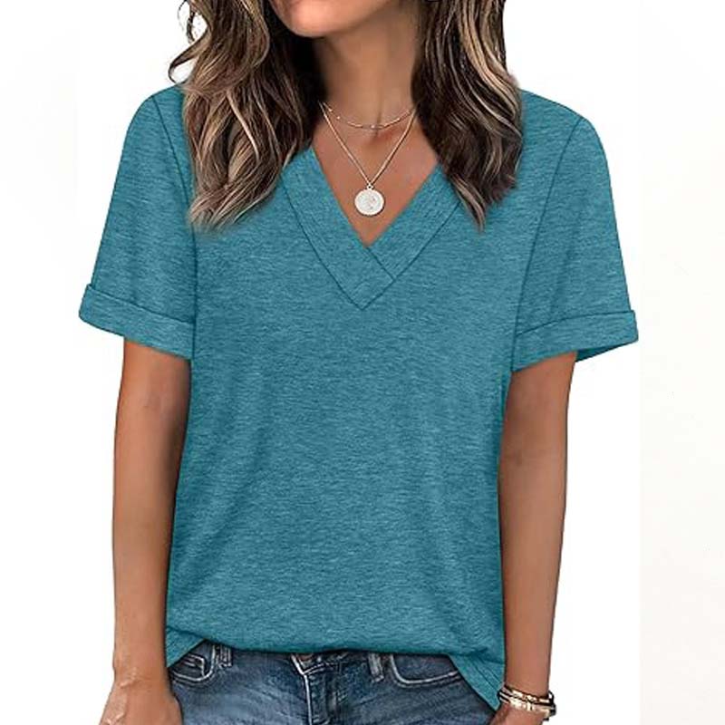 T-shirt décontracté à manches courtes et col en V pour femme