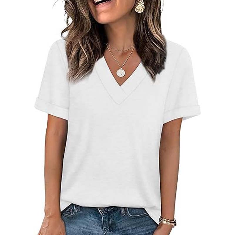 T-shirt décontracté à manches courtes et col en V pour femme