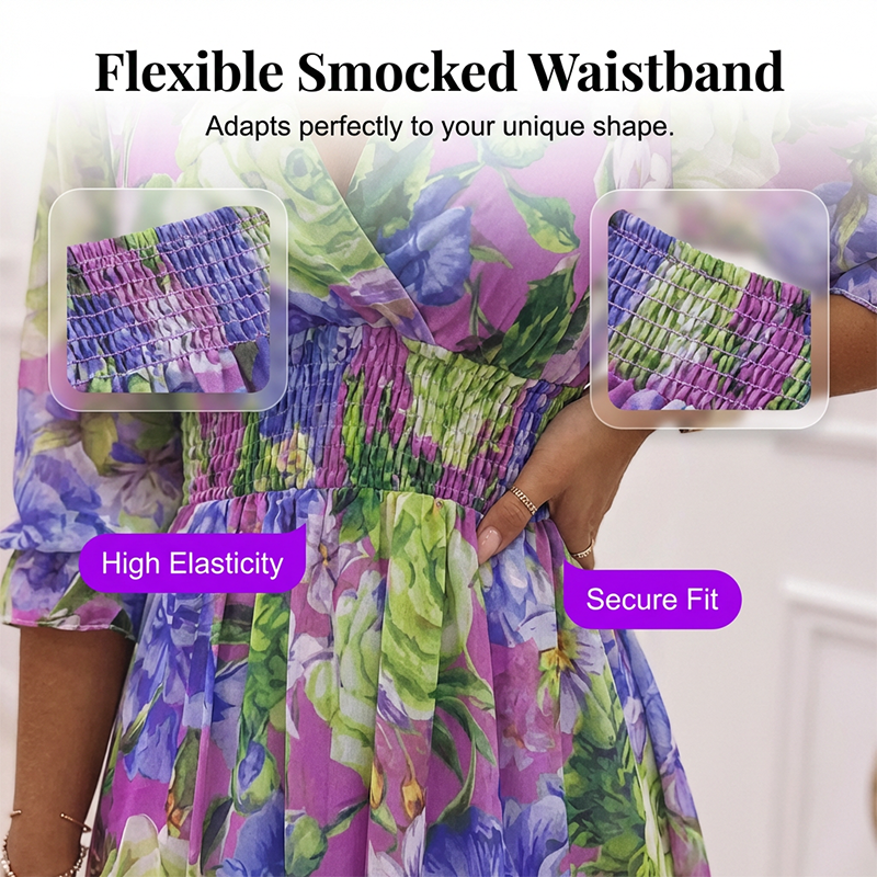 👗 50% DE RÉDUCTION ⏰ Robe trapèze à col en V & ourlet à volants, imprimé floral – Fluide, légère – parfaite pour l’été, la plage ou un look romantique 🌸