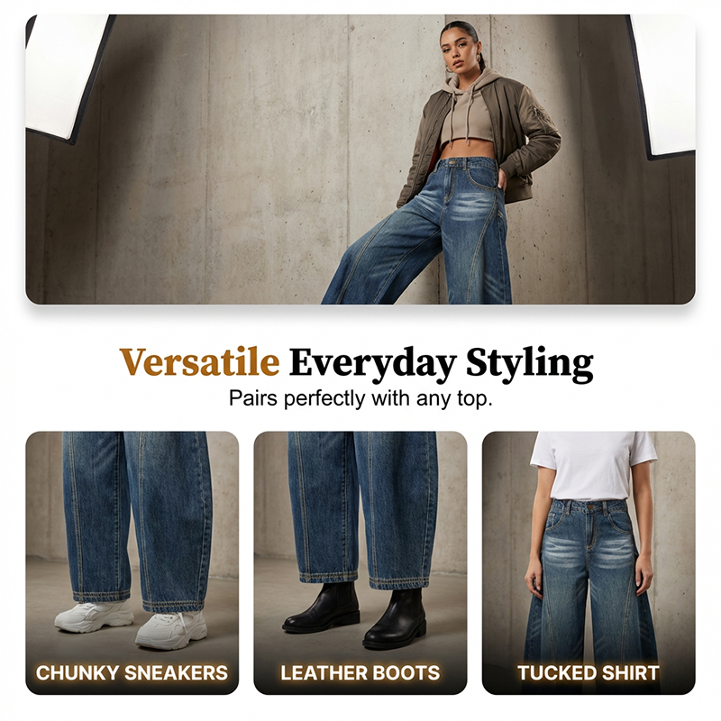 Jeans baril taille haute décontractés pour femme