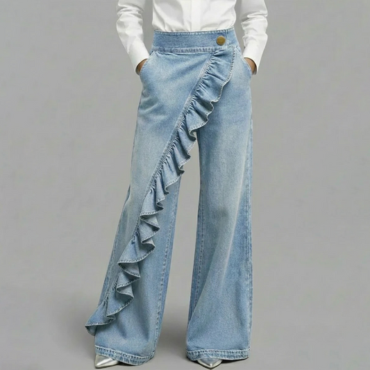 🎉 Fête à moitié prix !👖Pantalon en jean à jambes larges et volants asymétriques pour femme – Élégant, respirant et une pièce unique qui ne passe pas inaperçue 💥