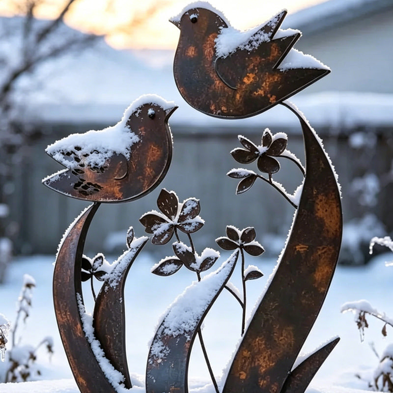 Piquet de jardin en métal « Oiseaux et fleurs » de style rustique
