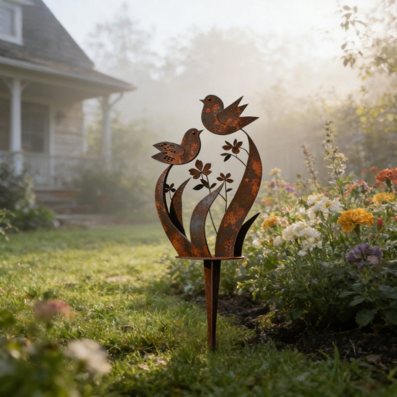 Piquet de jardin en métal « Oiseaux et fleurs » de style rustique