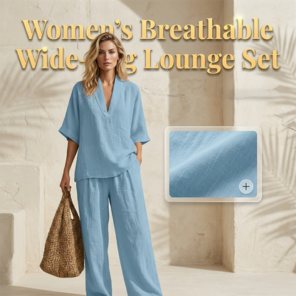 Ensemble décontracté pour femme composé d'un haut à col en V et d'un pantalon à jambes larges