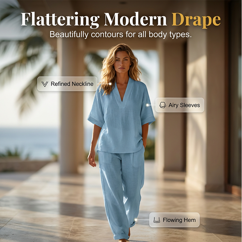 Ensemble décontracté pour femme composé d'un haut à col en V et d'un pantalon à jambes larges