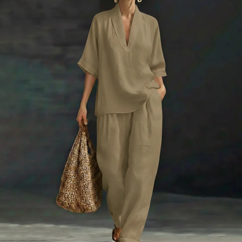Ensemble décontracté pour femme composé d'un haut à col en V et d'un pantalon à jambes larges