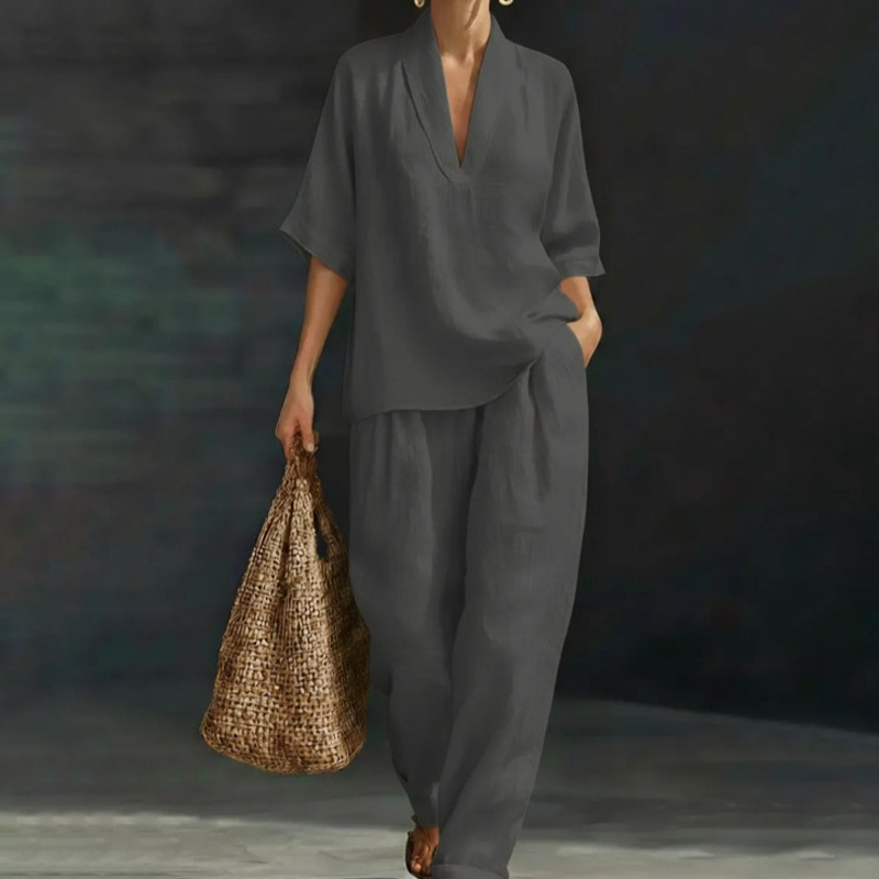 Ensemble décontracté pour femme composé d'un haut à col en V et d'un pantalon à jambes larges