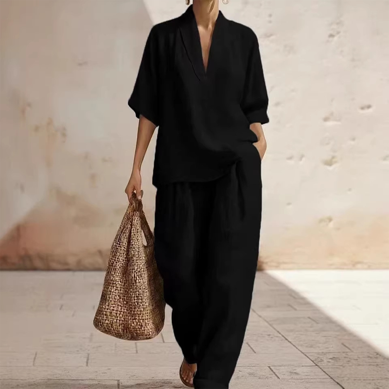 Ensemble décontracté pour femme composé d'un haut à col en V et d'un pantalon à jambes larges