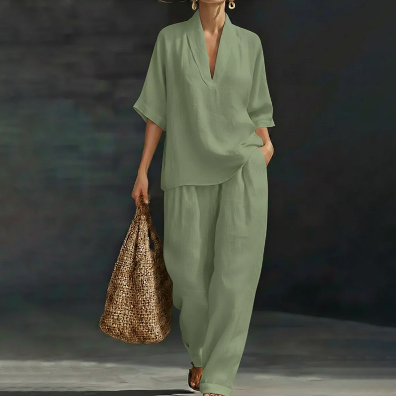 Ensemble décontracté pour femme composé d'un haut à col en V et d'un pantalon à jambes larges