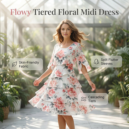 Robe Élégante en Mousseline à Imprimé Floral et Volants Superposés
