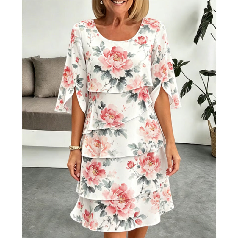 Robe Élégante en Mousseline à Imprimé Floral et Volants Superposés